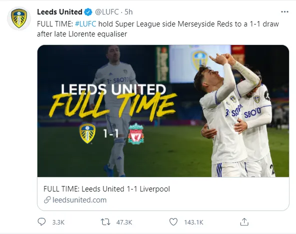 流言板 这波什么水平 利兹联官推战报 我们1 1战平欧超联赛球队 足球话题区 虎扑社区